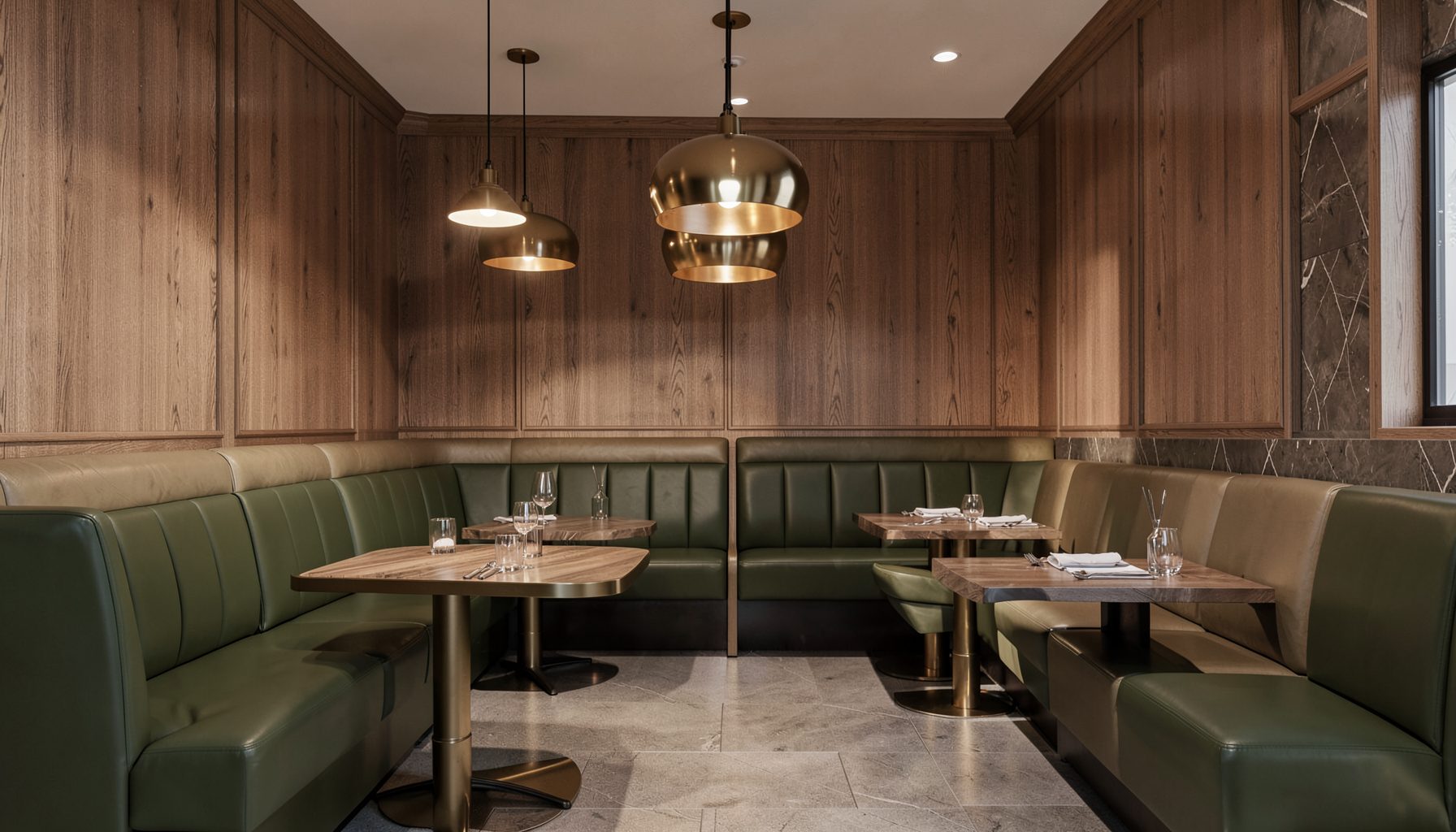 A hospitality interior with warm pendant lighting, rich timber joinery, and leather banquette seating in deep olive and tan tones