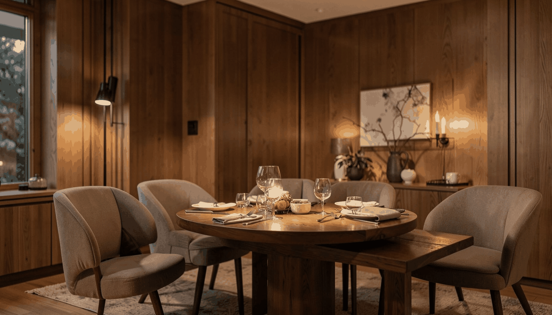 Warm interior space with soft ambient lighting, timber textures, and elegant tabletop styling, inviting and sophisticated mood
